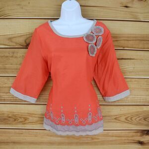 Jaloux Blouse Womens Size 5‎ Orange Geometric Poly Blend 3/4 Sleeve Embroidered